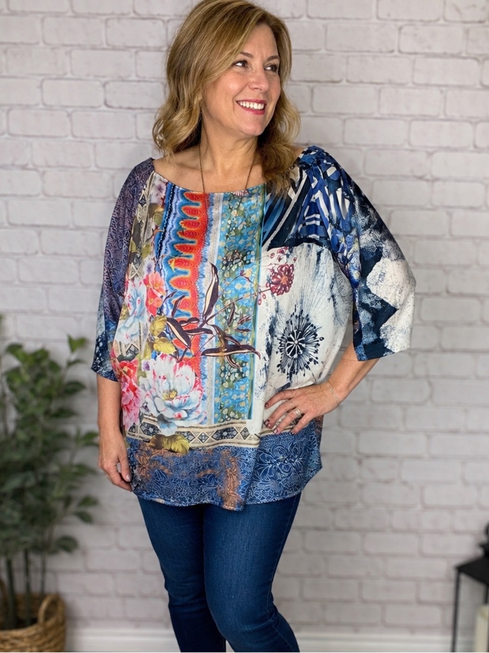 Chico’s Size 3 XL Mixed Print Tunic Top Boho Artsy Floral Oversized Blouse